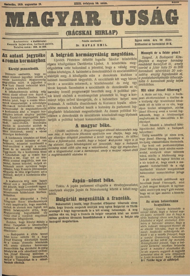 Bácskai Hirlap, 23. évf. 1919. augusztus 19. 56. sz.