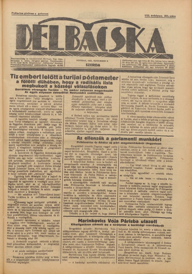 Délbácska, 8. évf. 1927. november 9. 260. sz.