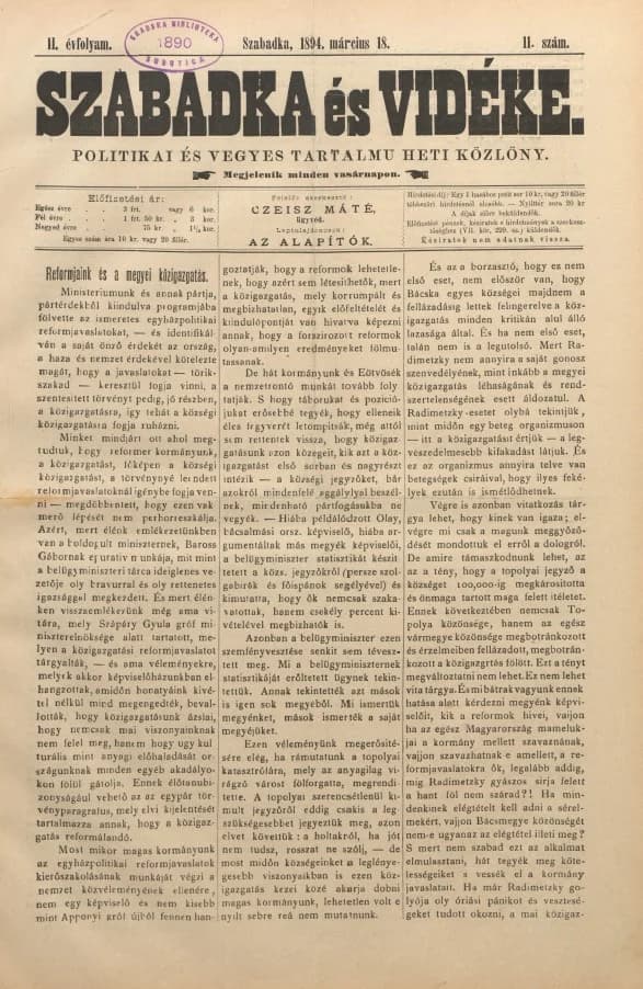 Szabadka és vidéke II, 2. évf. 1894. március 18. 11. sz.