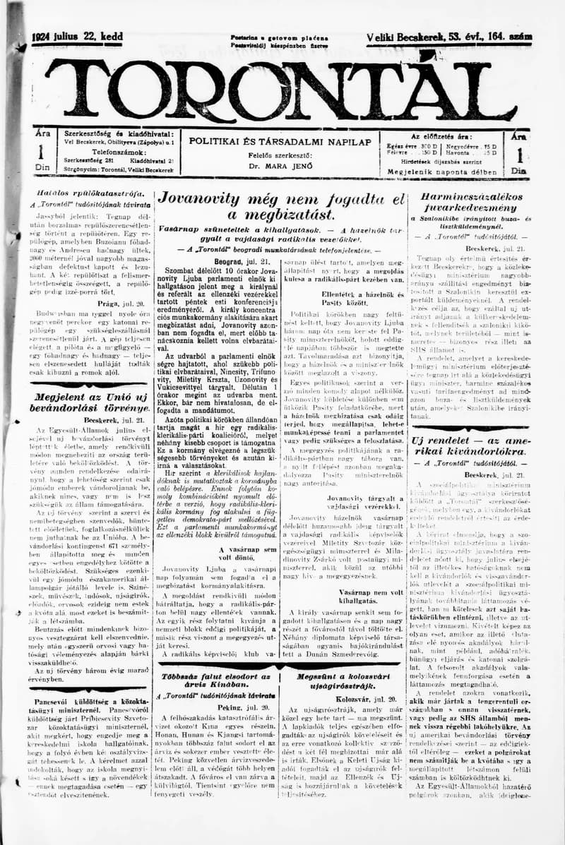 Torontál, 53. évf. 1924. július 22. 164. sz.