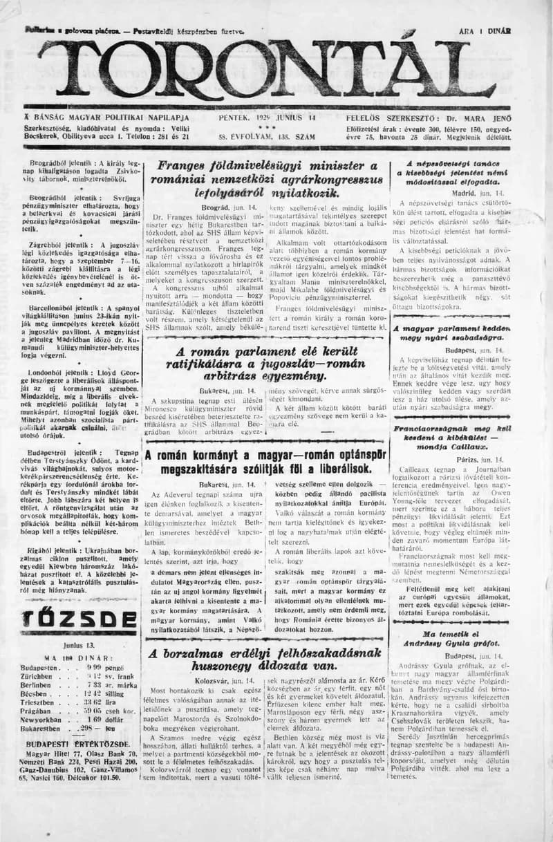 Torontál, 58. évf. 1929. június 14. 135. sz.