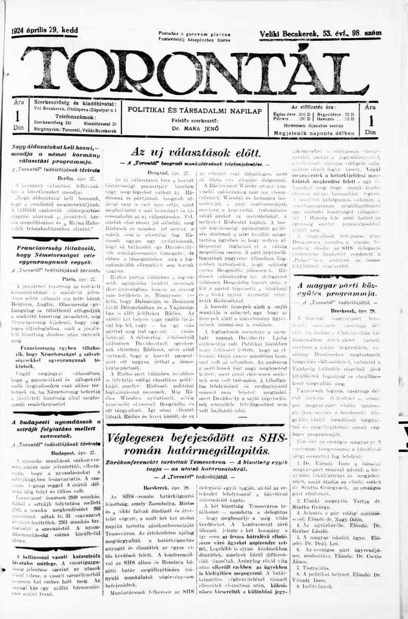 Torontál, 53. évf. 1924. április 29. 98. sz.