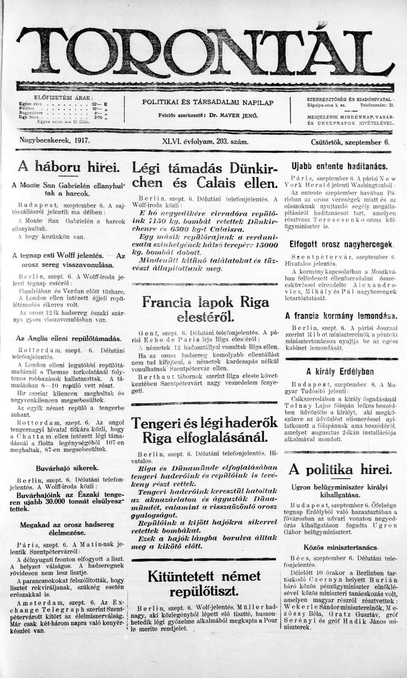 Torontál, 46. évf. 1917. szeptember 6. 203. sz.