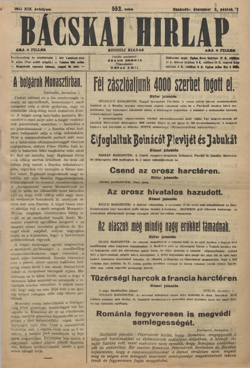 Bácskai Hirlap, 19. évf. 1915. december 3. 552. sz.