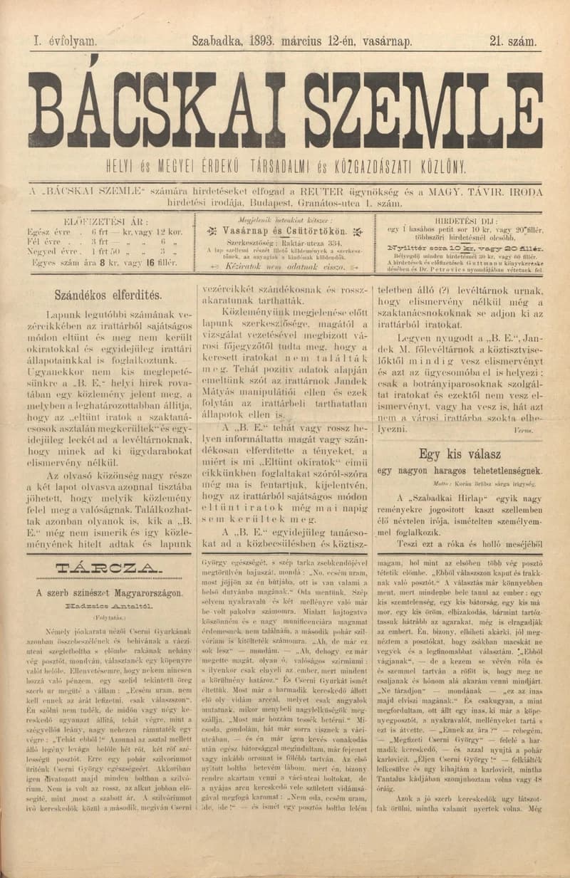 Bácskai Szemle, 1. évf. 1893. március 12. 21. sz.