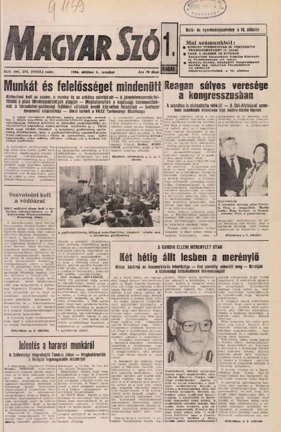 Magyar Szó, 43. évf. 1986. október 4. 273. sz. 1–24. oldal