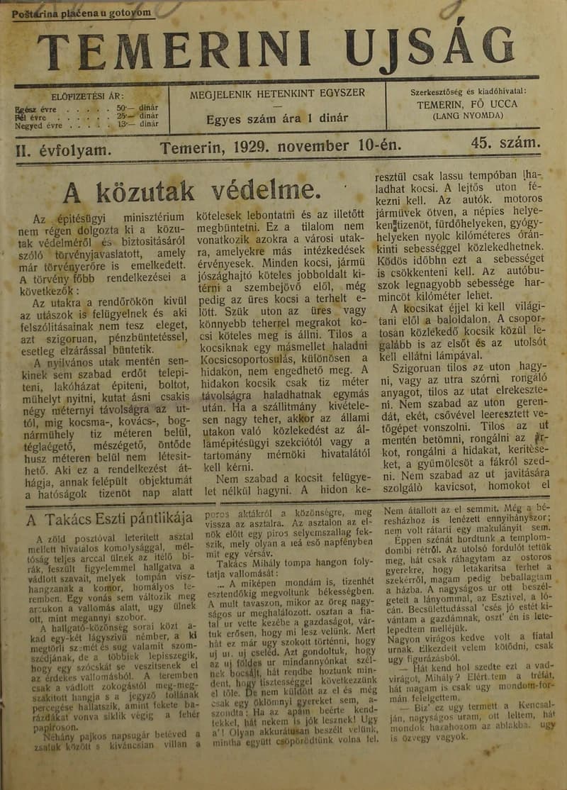 Temerini Újság 1928-1944, 2. évf. 1929. november 10. 45. sz.