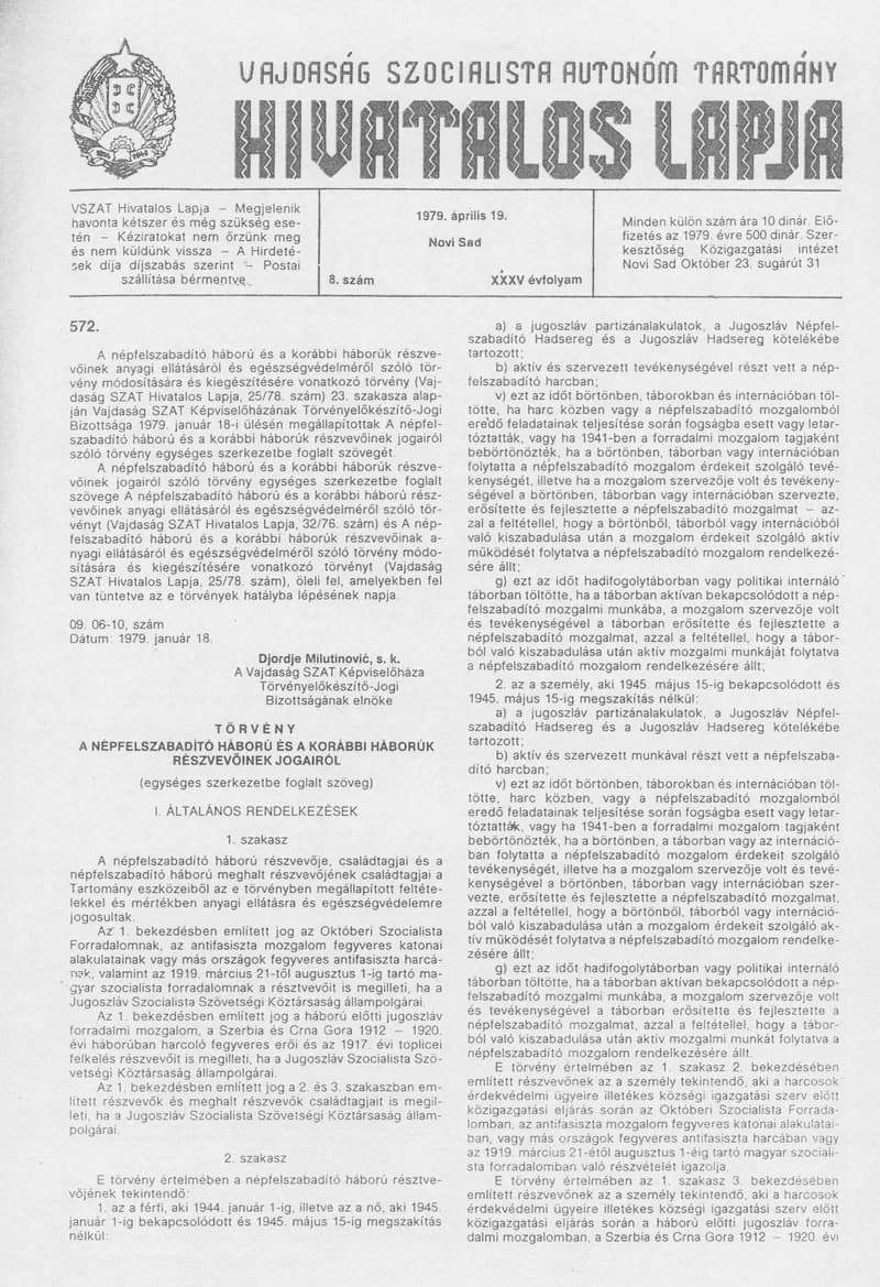 Vajdaság Szocialista Autonóm Tartomány Hivatalos Lapja, 35. évf. 1979. április 19. 8. sz. 601–620. oldal