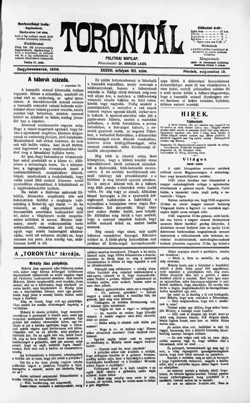 Torontál, 38. évf. 1909. augusztus 13. 183. sz.