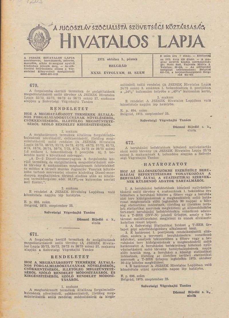 A Jugoszláv Szocialista Szövetségi Köztársaság Hivatalos Lapja, 31. évf. 1975. október 3. 48. sz. 1333–1352. oldal