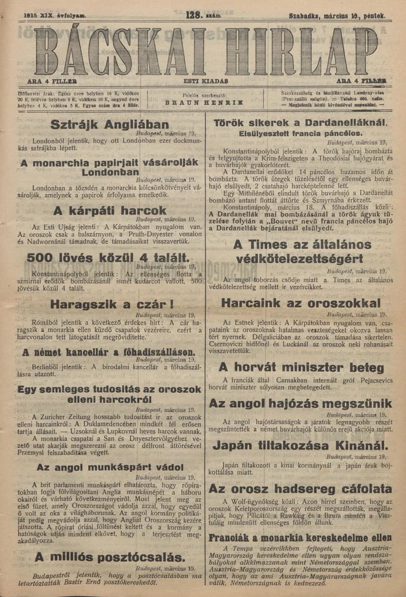 Bácskai Hirlap, 19. évf. 1915. március 19. 128. sz.