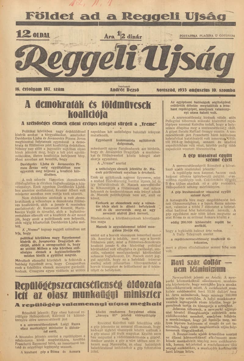 Reggeli Újság, 16. évf. 1935. augusztus 10. 187. sz.