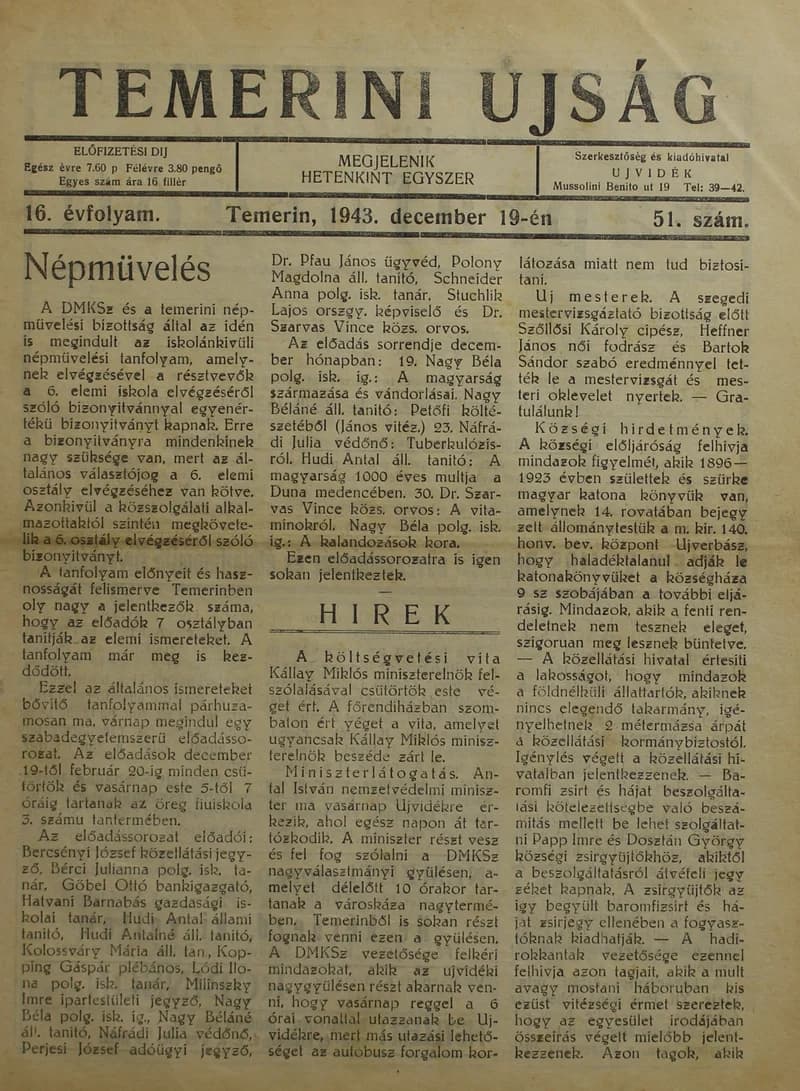 Temerini Újság 1928-1944, 16. évf. 1943. december 19. 51. sz.