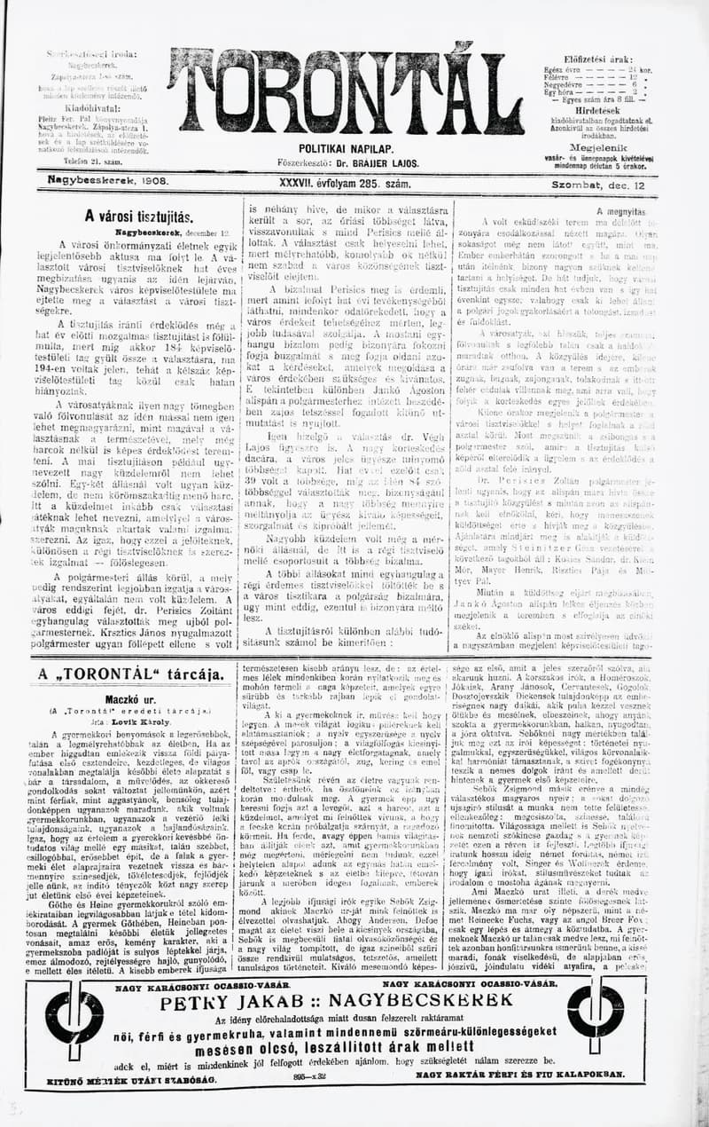 Torontál, 37. évf. 1908. december 12. 285. sz.
