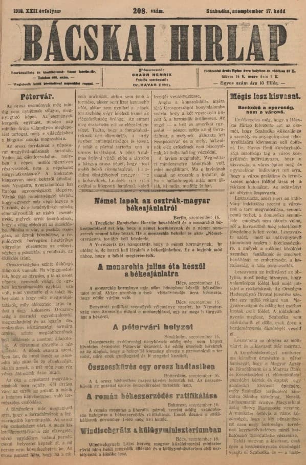 Bácskai Hirlap, 22. évf. 1918. szeptember 17. 208. sz.