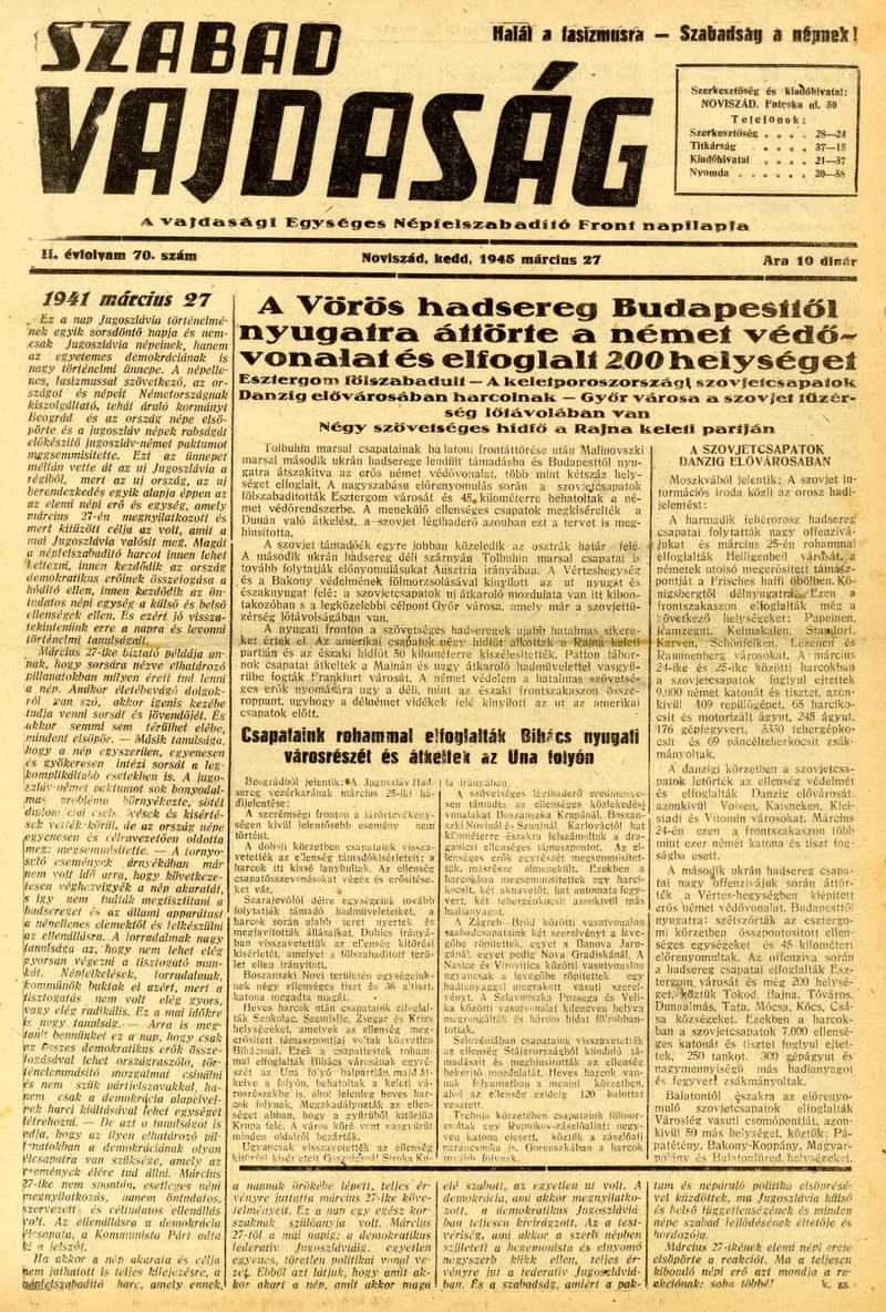 Szabad Vajdaság, 2. évf. 1945. március 27. 70. sz.