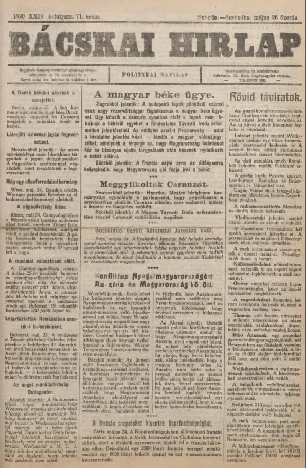 Bácskai Hirlap, 24. évf. 1920. május 26. 71. sz.