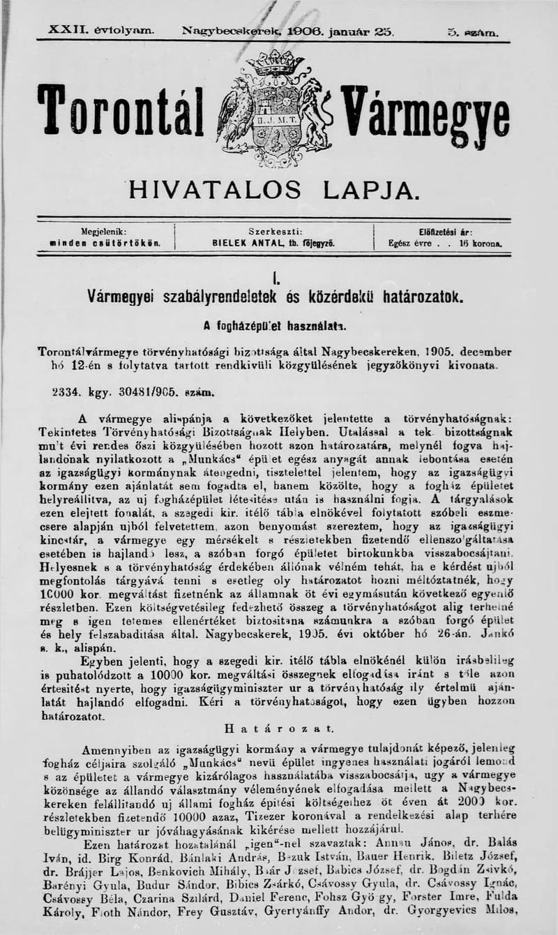 Torontál Vármegye Hivatalos Lapja, 22. évf. 1906. január 25. 5. sz.
