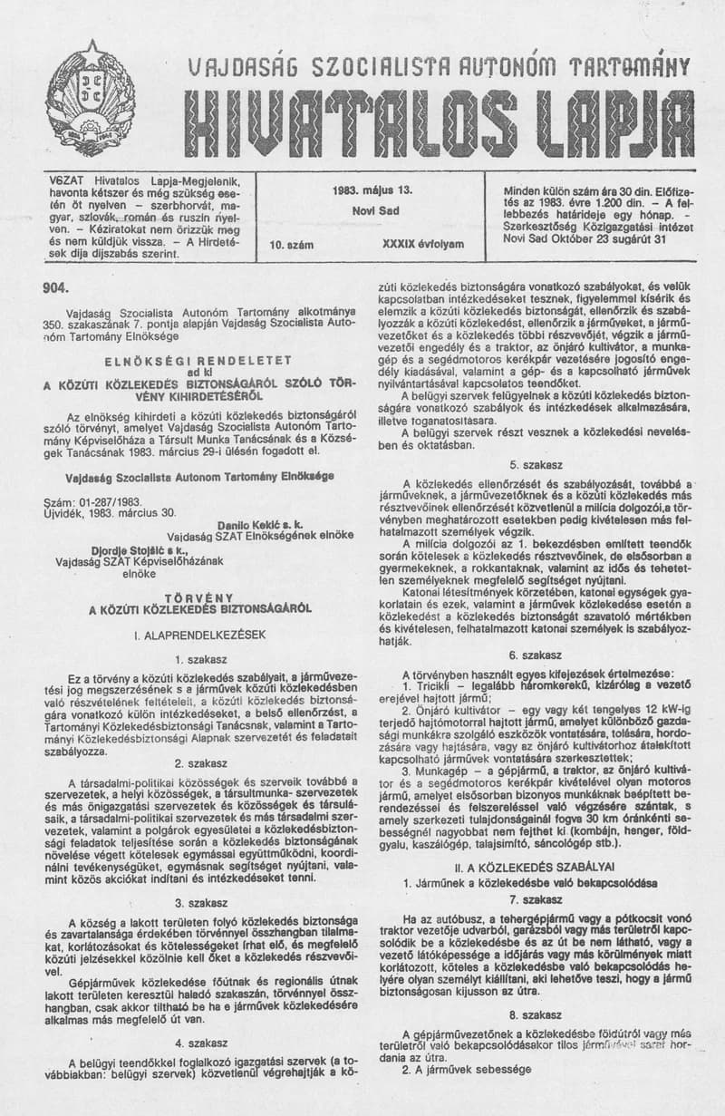 Vajdaság Szocialista Autonóm Tartomány Hivatalos Lapja, 39. évf. 1983. május 13. 10. sz.