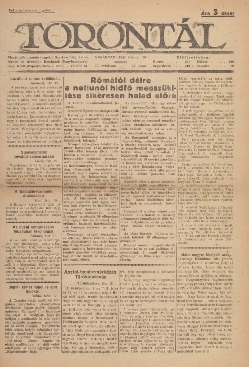 Torontál, 73. évf. 1944. február 20. 42. sz.