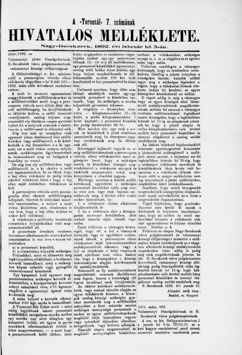 A Totontál  hivatalos melléklete, 5. évf. 1892. február 3. 7. sz.