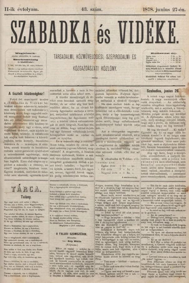 Szabadka és vidéke, 2. évf. 1878. június 27. 43. sz.