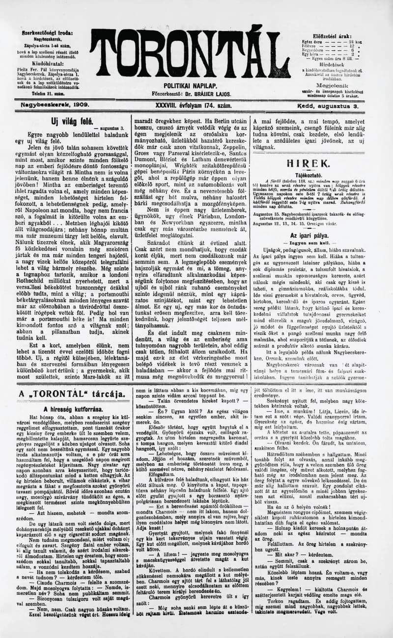 Torontál, 38. évf. 1909. augusztus 3. 174. sz.