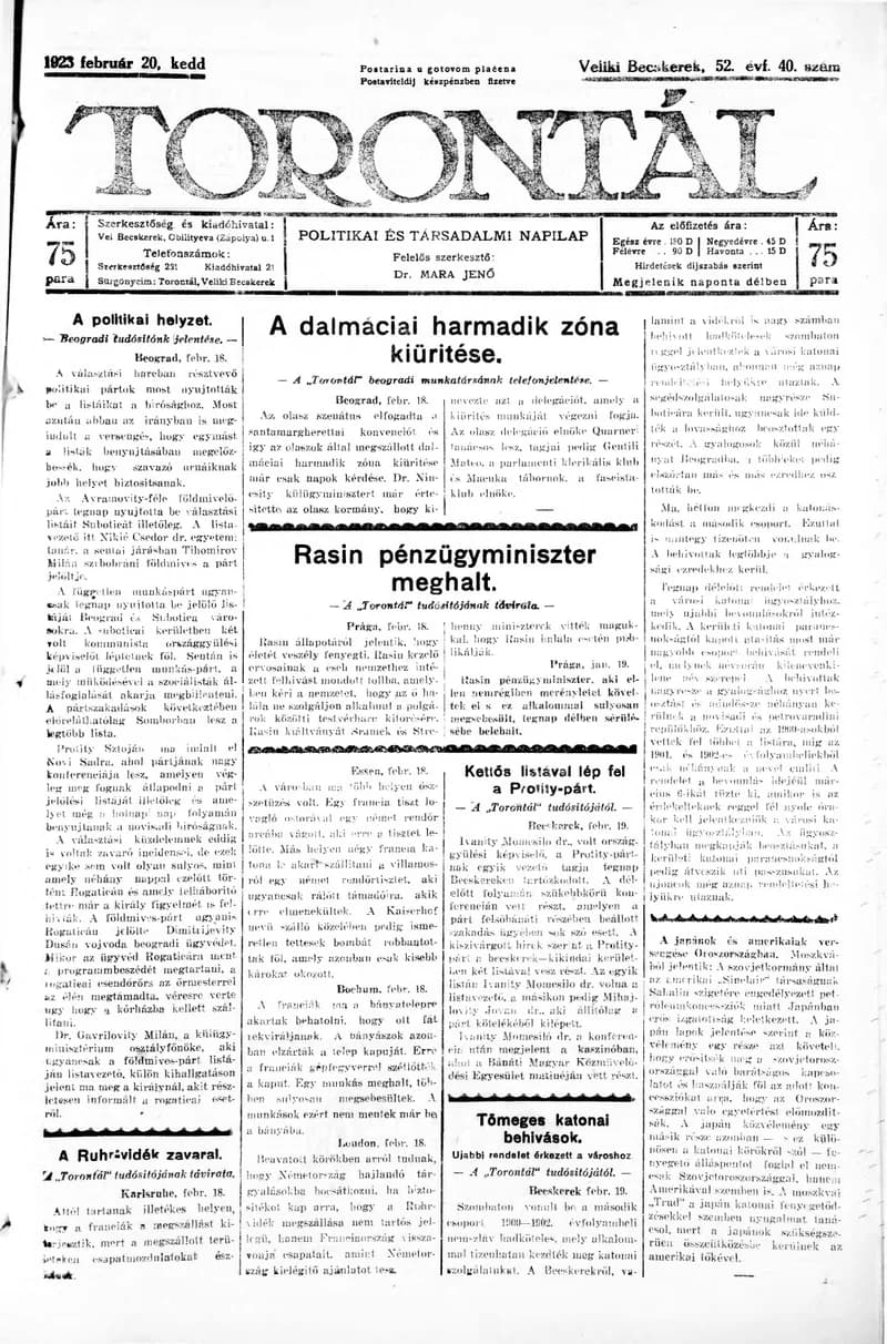 Torontál, 52. évf. 1923. február 20. 40. sz.