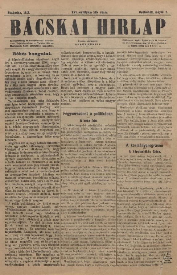 Bácskai Hirlap, 16. évf. 1912. május 9. 105. sz.