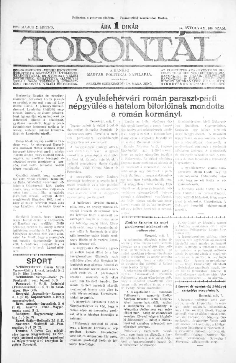 Torontál, 57. évf. 1928. május 7. 106. sz.