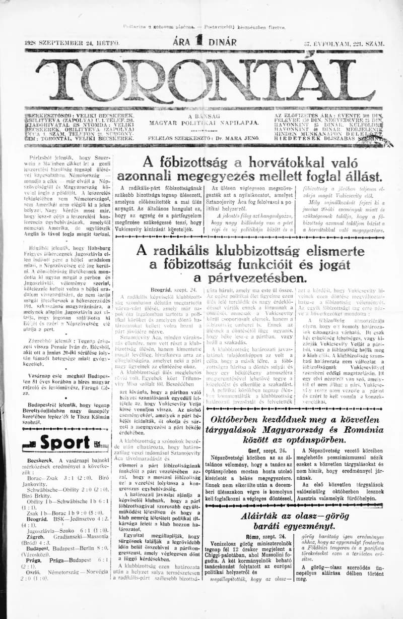 Torontál, 57. évf. 1928. szeptember 24. 221. sz.