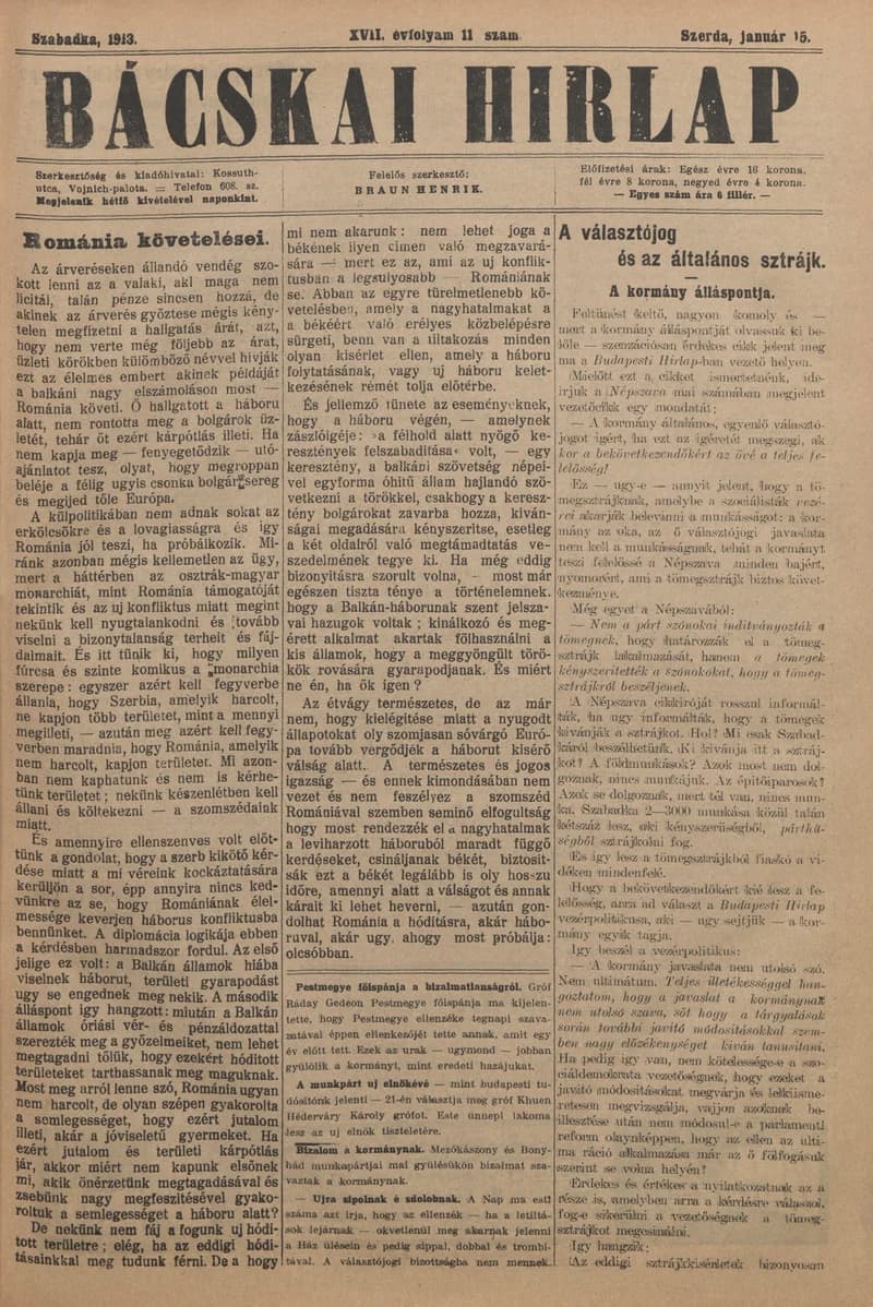 Bácskai Hirlap, 17. évf. 1913. január 15. 11. sz.