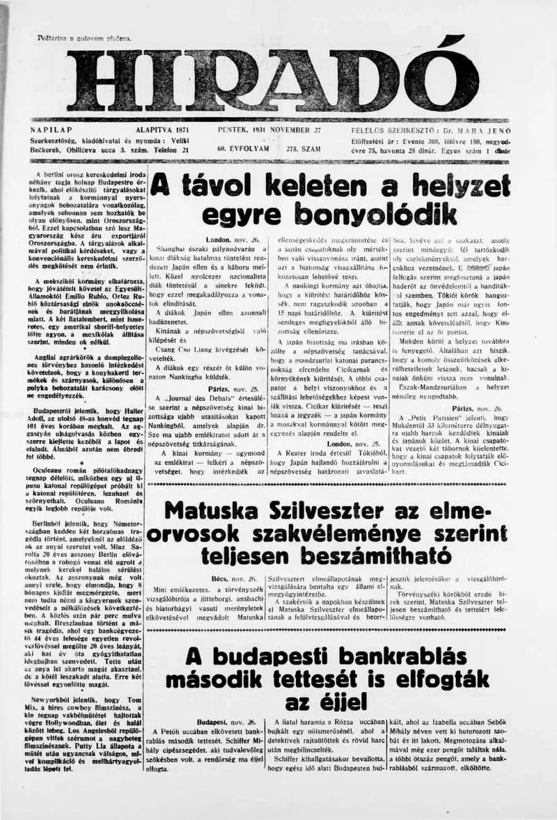Híradó, 60. évf. 1931. november 27. 275. sz.