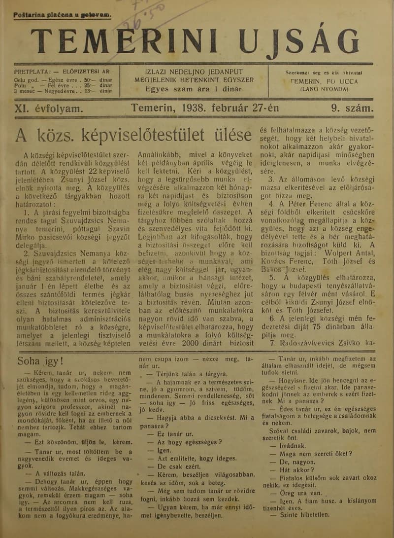 Temerini Újság 1928-1944, 11. évf. 1938. február 27. 9. sz.