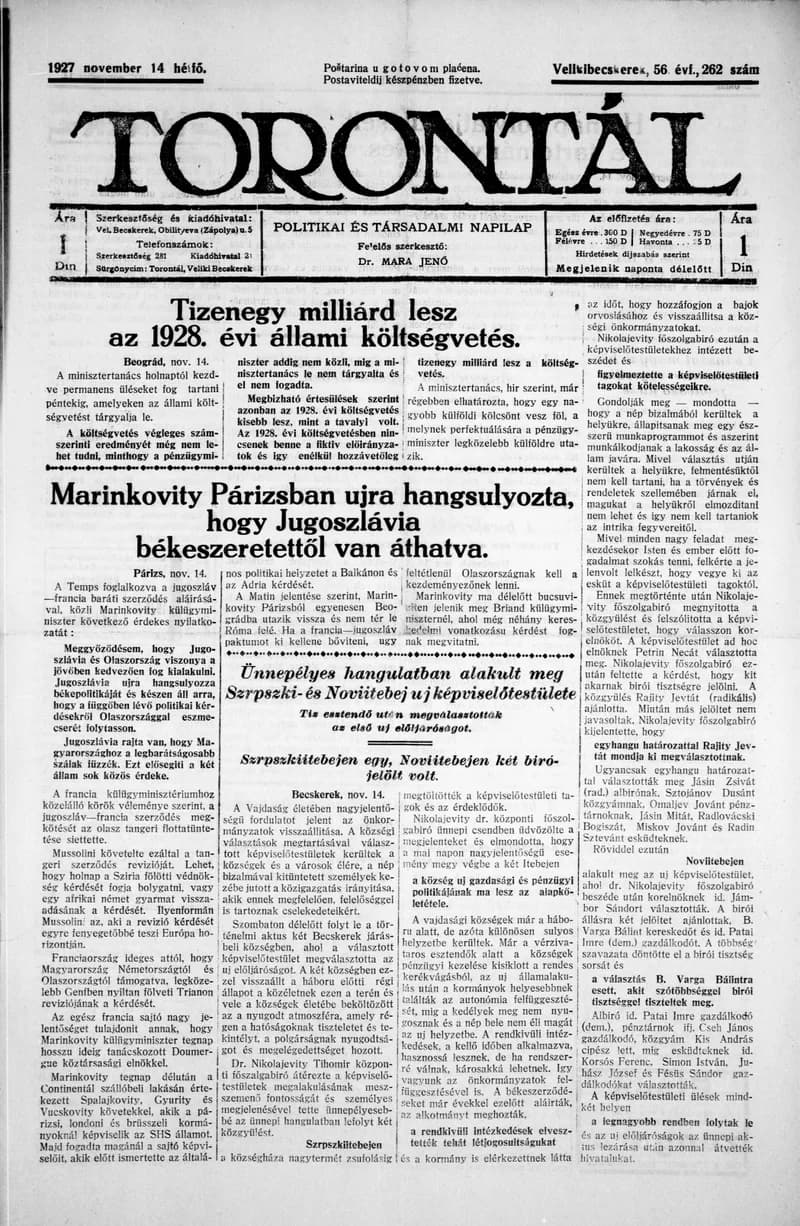 Torontál, 56. évf. 1927. november 14. 262. sz.