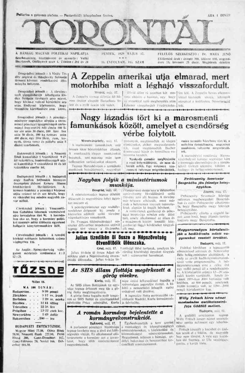 Torontál, 58. évf. 1929. május 17. 113. sz.