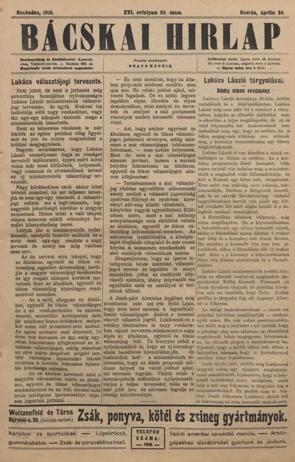 Bácskai Hirlap, 16. évf. 1912. április 24. 93. sz.