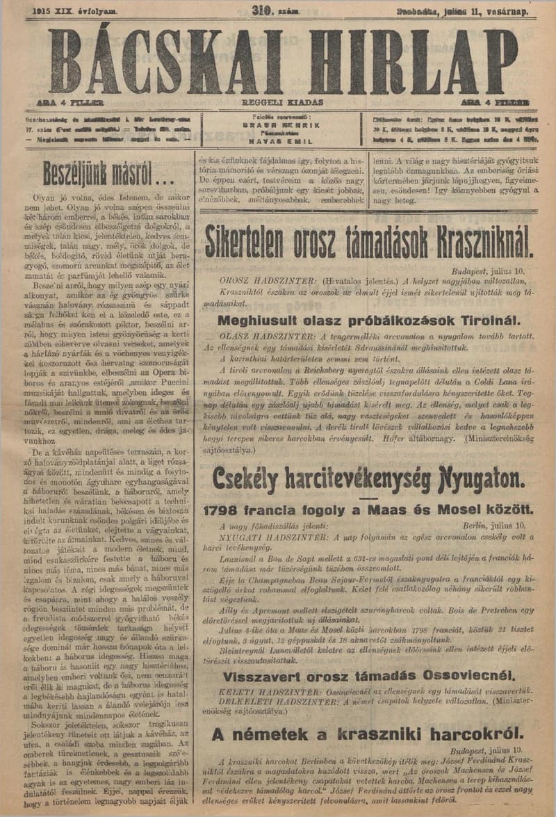 Bácskai Hirlap, 19. évf. 1915. július 11. 310. sz.