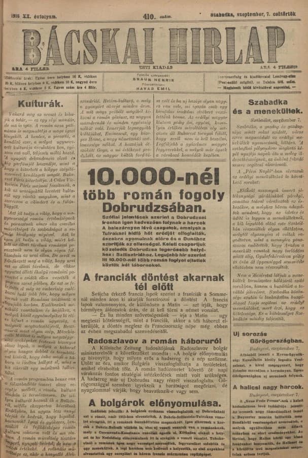 Bácskai Hirlap, 20. évf. 1916. szeptember 7. 410. sz.