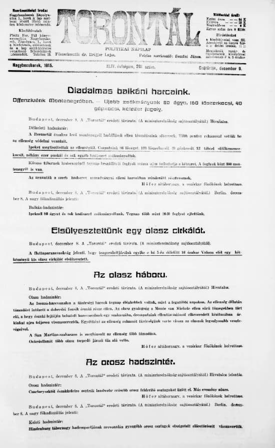 Torontál, 44. évf. 1915. december 9. 281. sz.