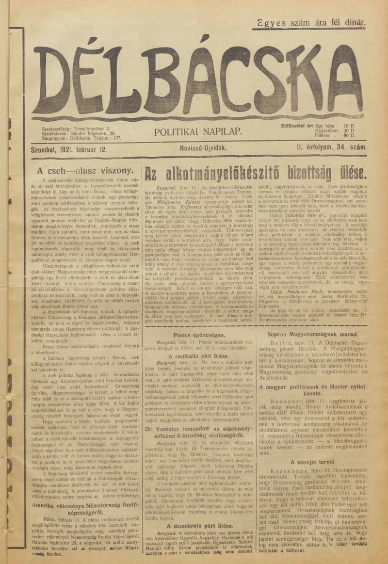 Délbácska, 2. évf. 1921. február 12. 34. sz.