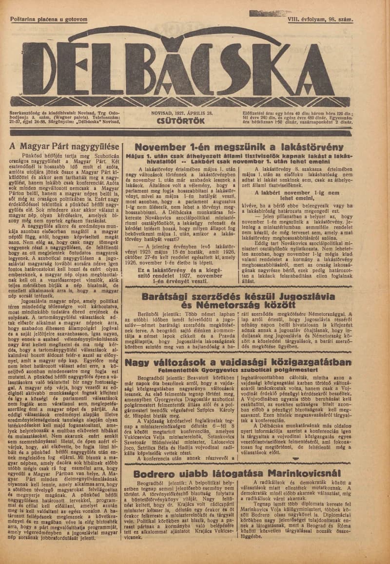 Délbácska, 8. évf. 1927. április 28. 98. sz.