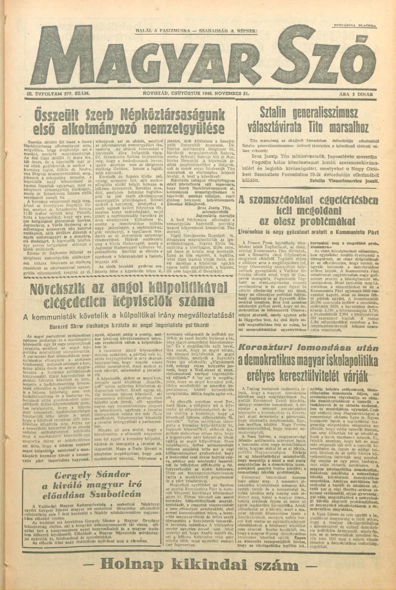 Magyar Szó, 3. évf. 1946. november 21. 277. sz. 1–6. oldal