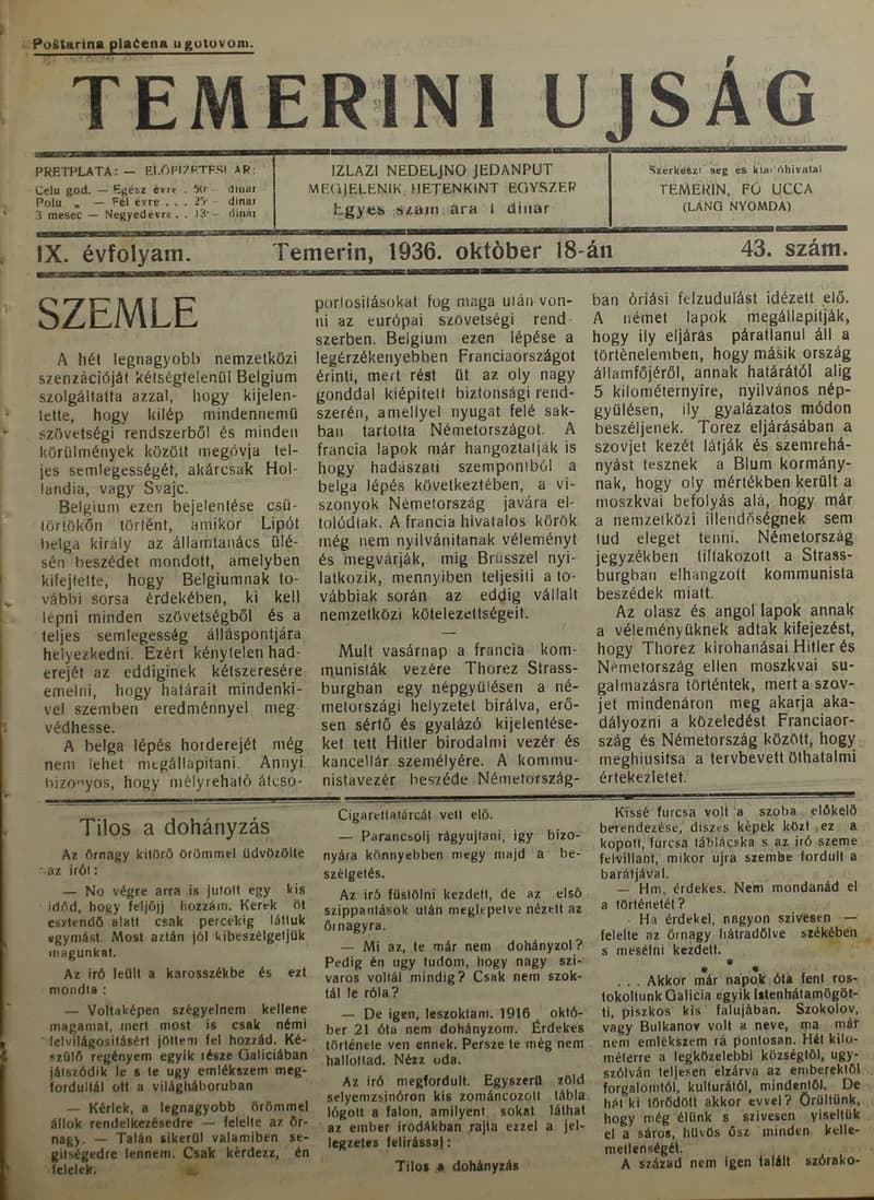 Temerini Újság 1928-1944, 9. évf. 1936. október 18. 43. sz.