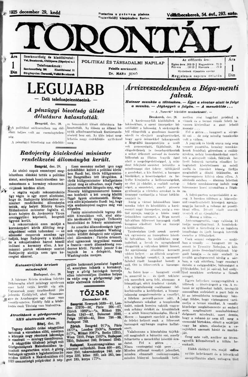 Torontál, 54. évf. 1925. december 29. 293. sz.