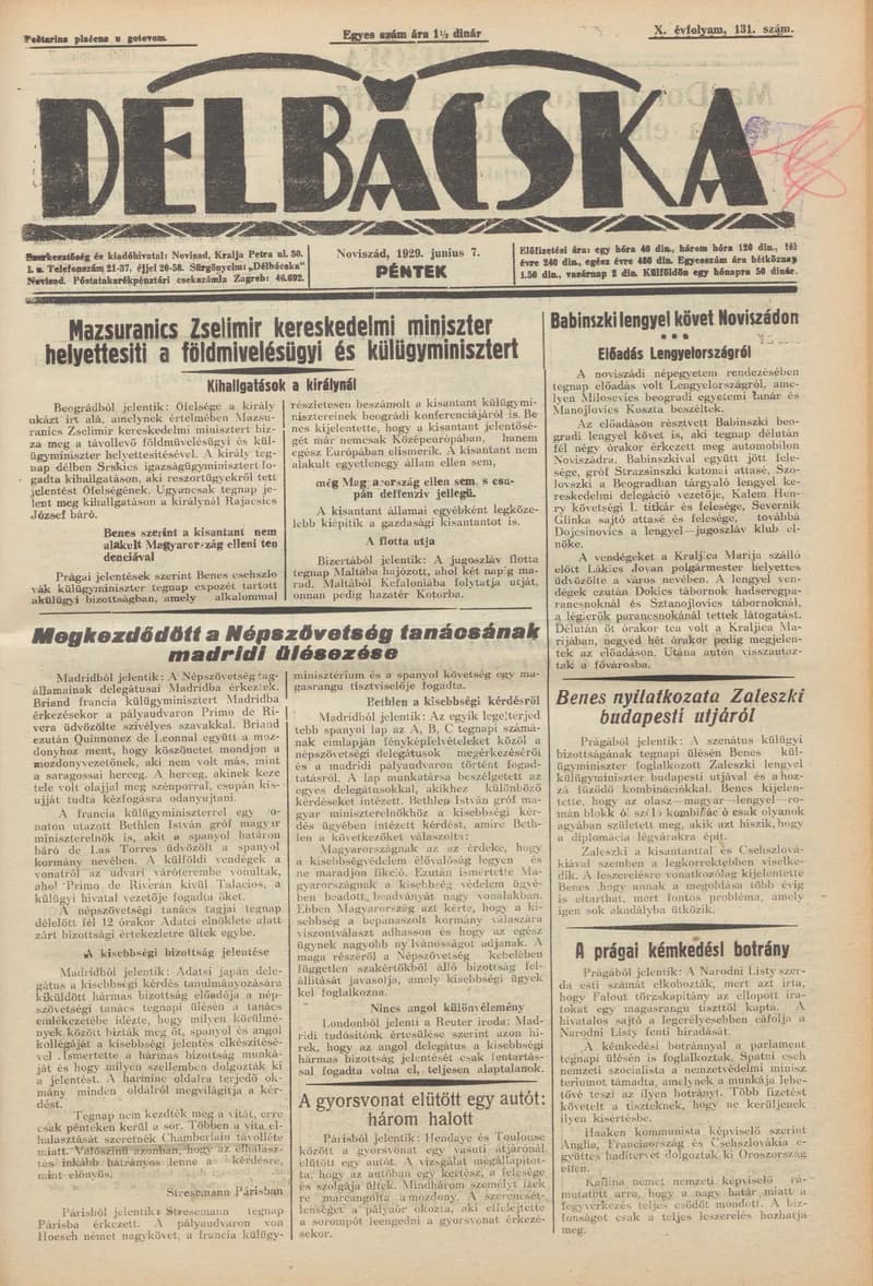 Délbácska, 10. évf. 1929. június 7. 131. sz.