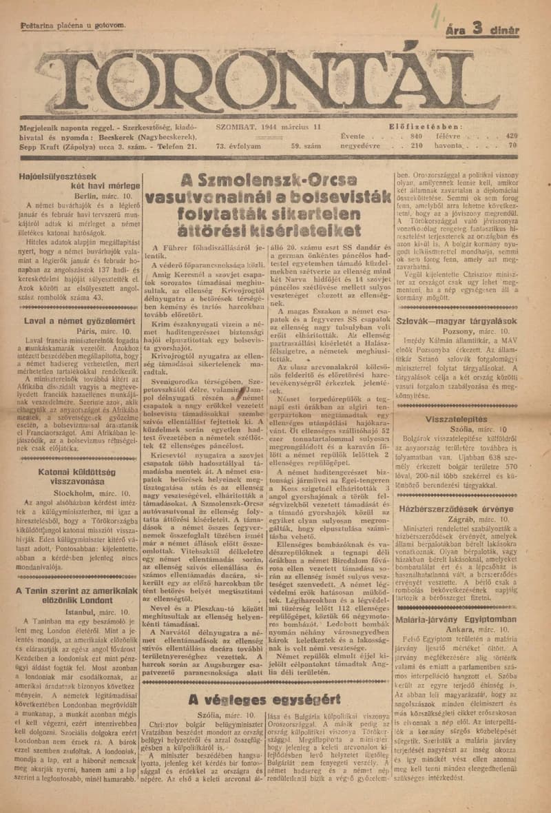 Torontál, 73. évf. 1944. március 11. 59. sz.