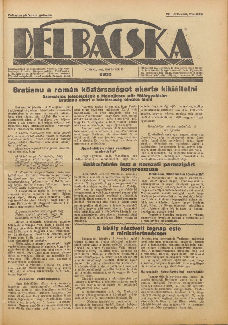 Délbácska, 8. évf. 1927. november 15. 265. sz.