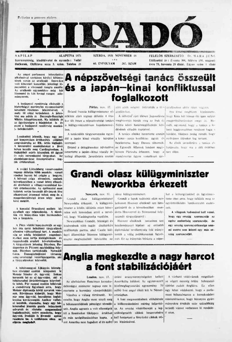 Híradó, 60. évf. 1931. november 18. 267. sz.