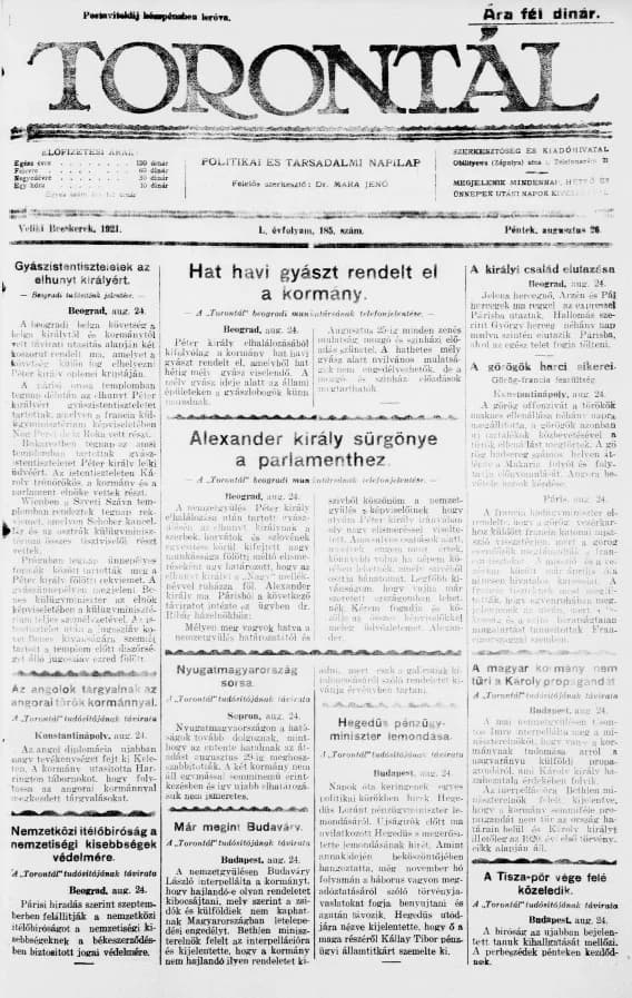 Torontál, 50. évf. 1921. augusztus 26. 185. sz.
